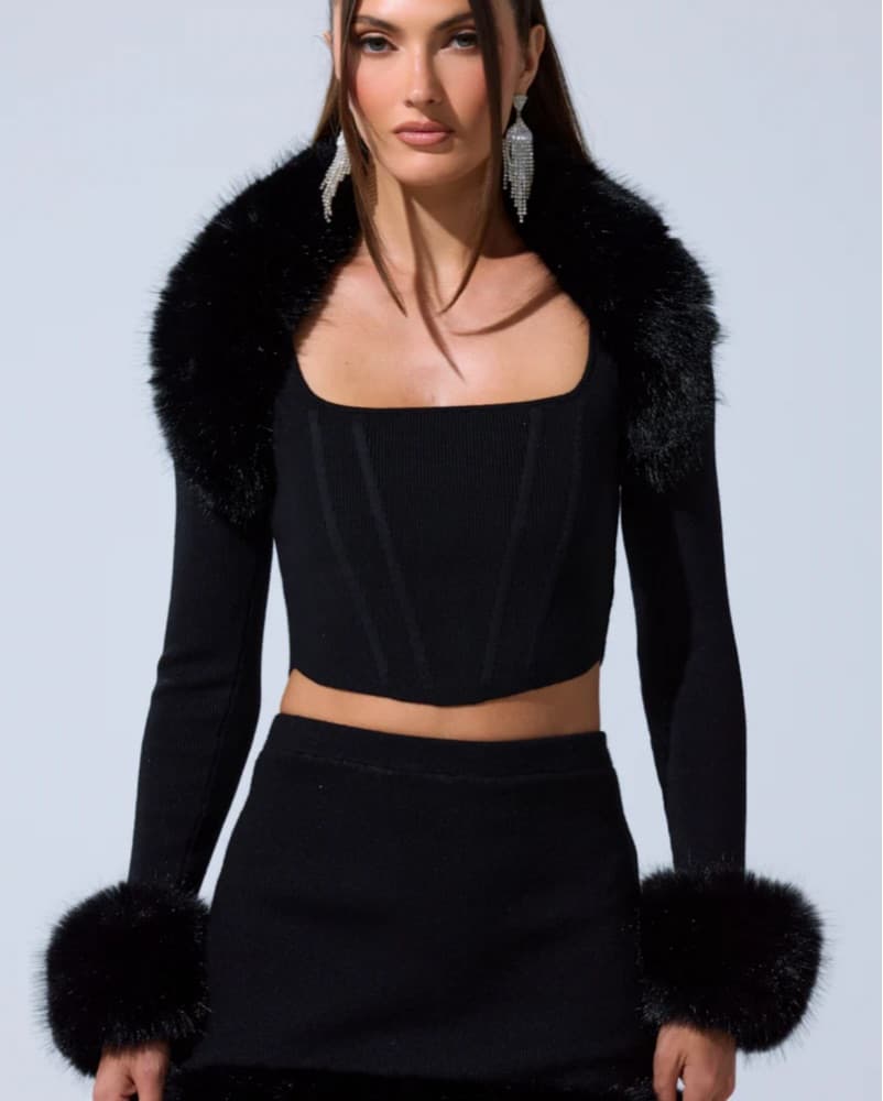 Chic Black Fur Trim Crop Top and Mini Skirt Set - Image 1
