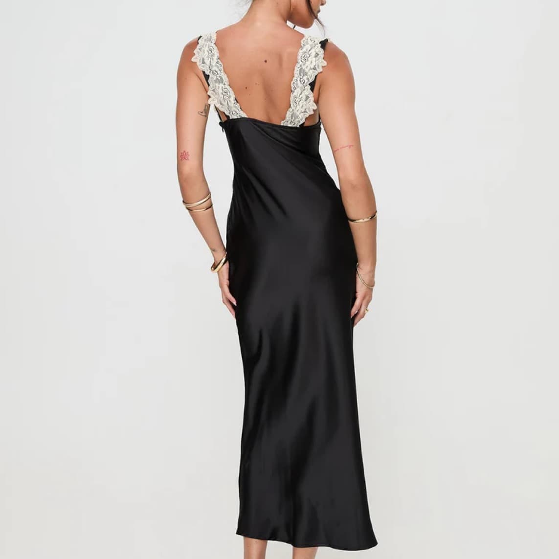 Black Satin Midi Dress White Lace Detail - Image 4