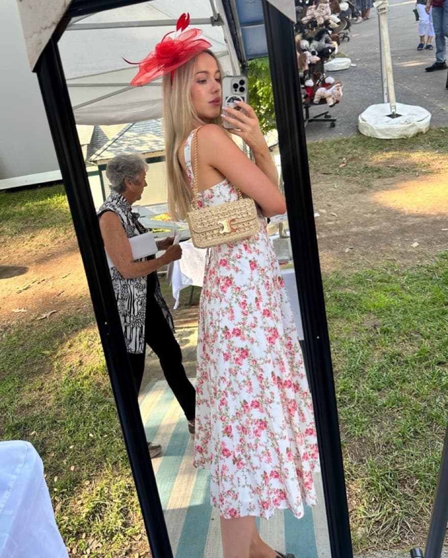 Floral Strapless Midi Dress with Red Fascinator - Image 2
