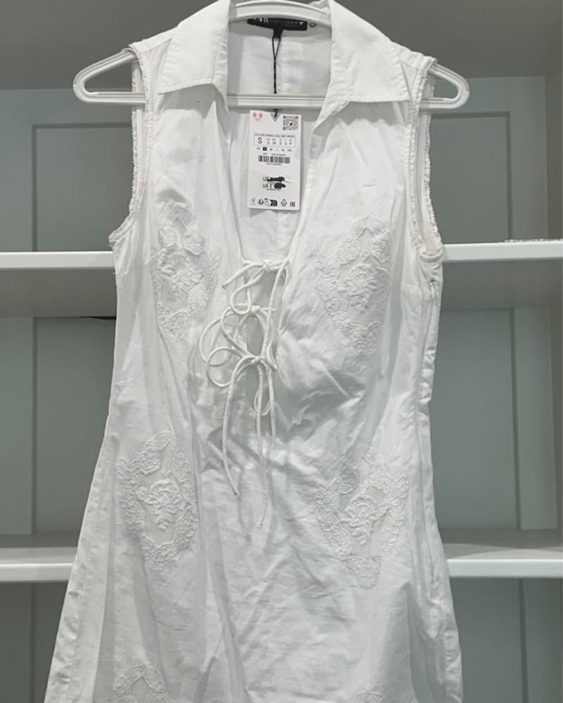 Zara Linen Lace White Tie Mini Dress - Image 1