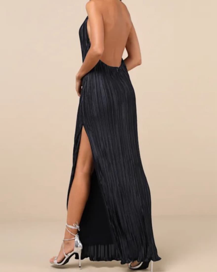 Navy Pleated Halter Maxi Dress - Image 2