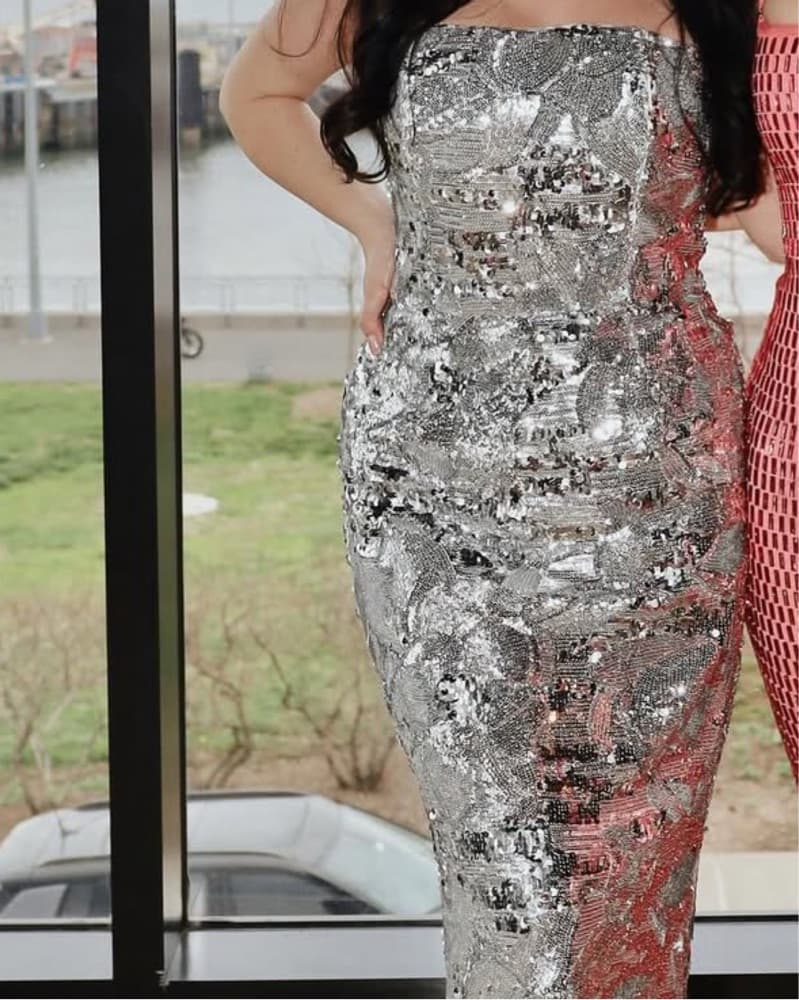 Strapless Sequin Mesh Midi Dress - Image 1