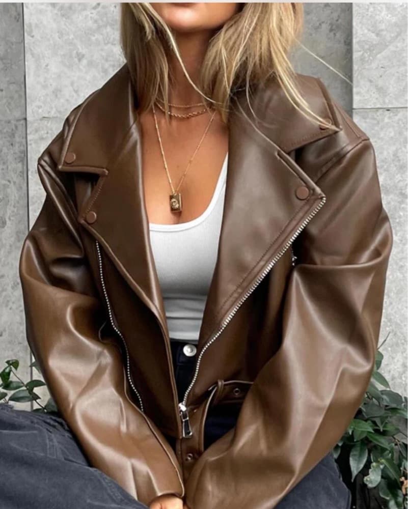 lioness brown Faux Leather Biker Jacket - Image 3