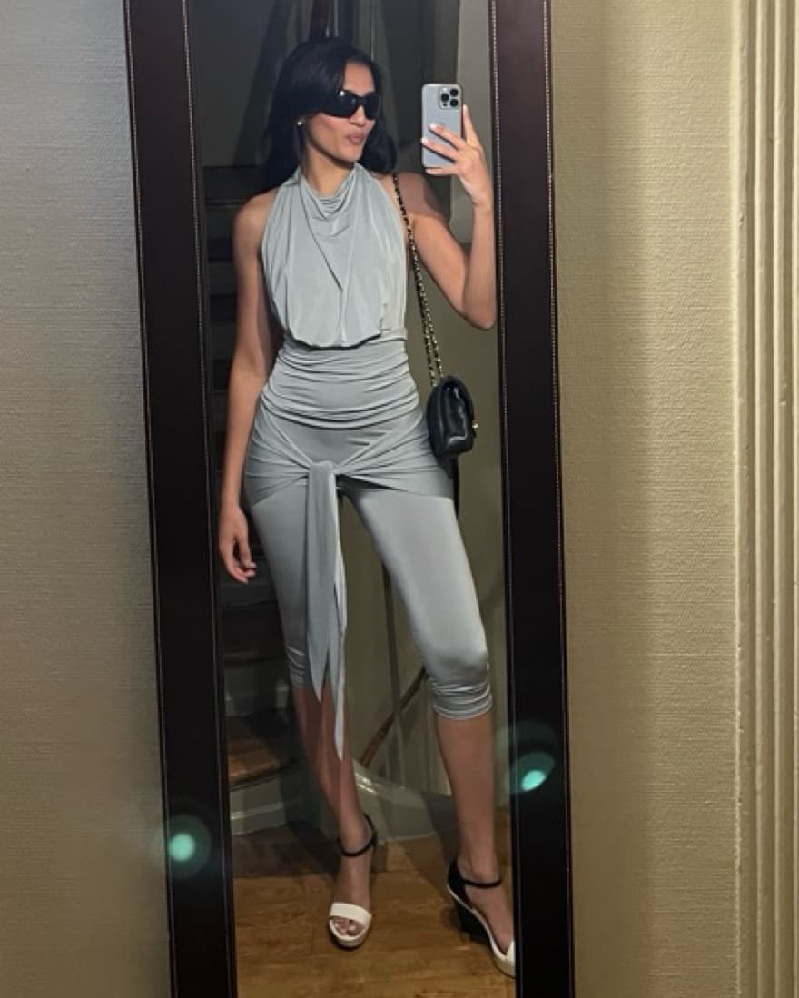 Shiny Blue/Gray Draped Two Piece Set  - Image 1