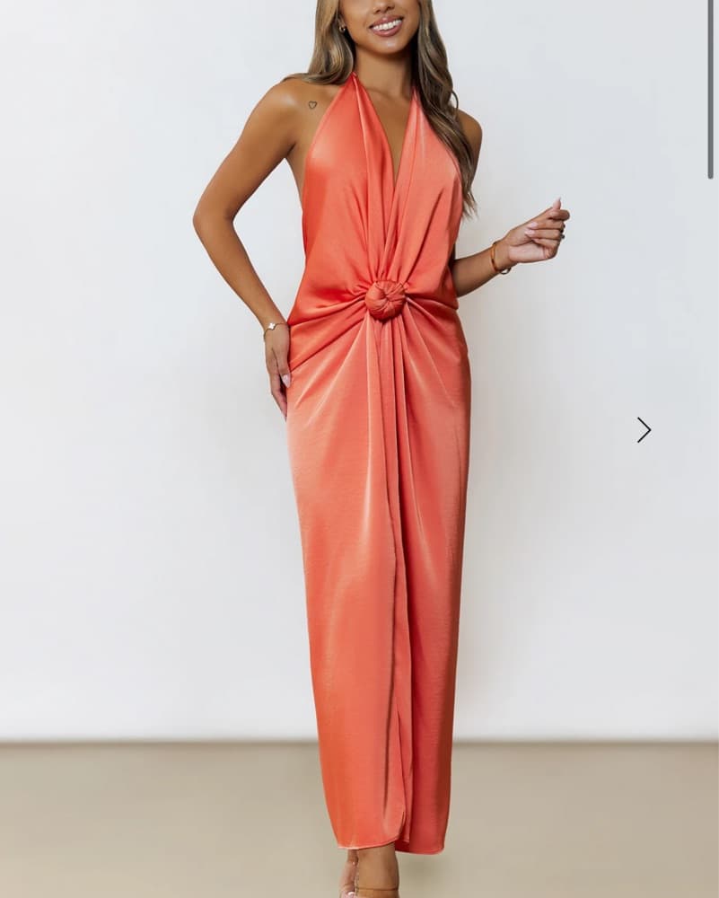 Vibrant Orange Satin Halter Maxi Dress - Image 1