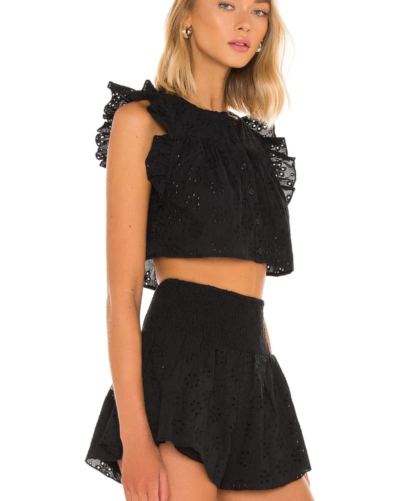 Elegant Black Eyelet Crop Top and Shorts Set - Image 2