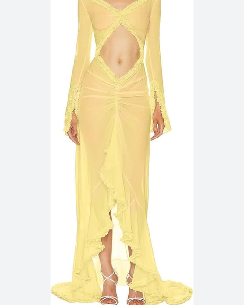 Yellow Sheer Ruffle Maxi Dress - Image 3