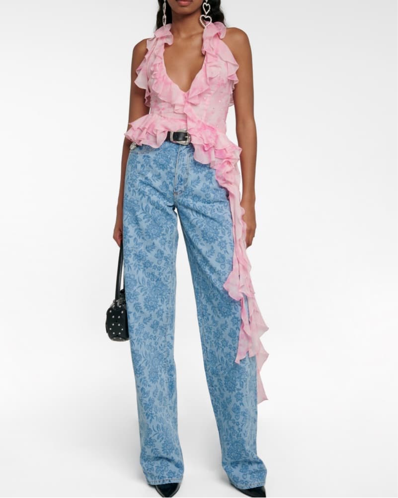 Alessandra Rich Top Silk Crystal Halter Ruffle Pink Swarovski Asymmetric V-Neck - Image 3