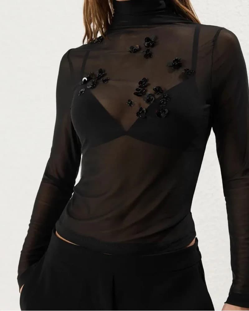 Elegant Black Sequin Embellished Sheer Top - Image 3