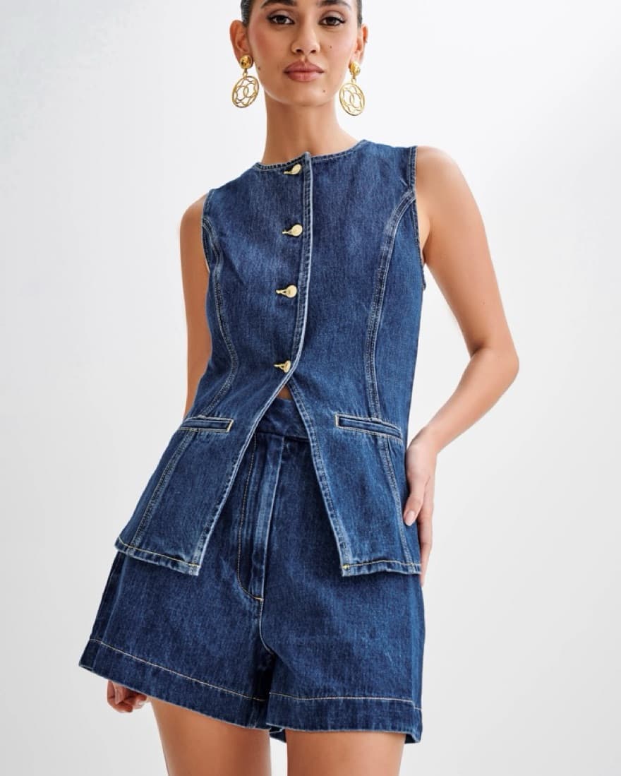 Meshki Abel Denim Button Up Top & Shorts - Image 1