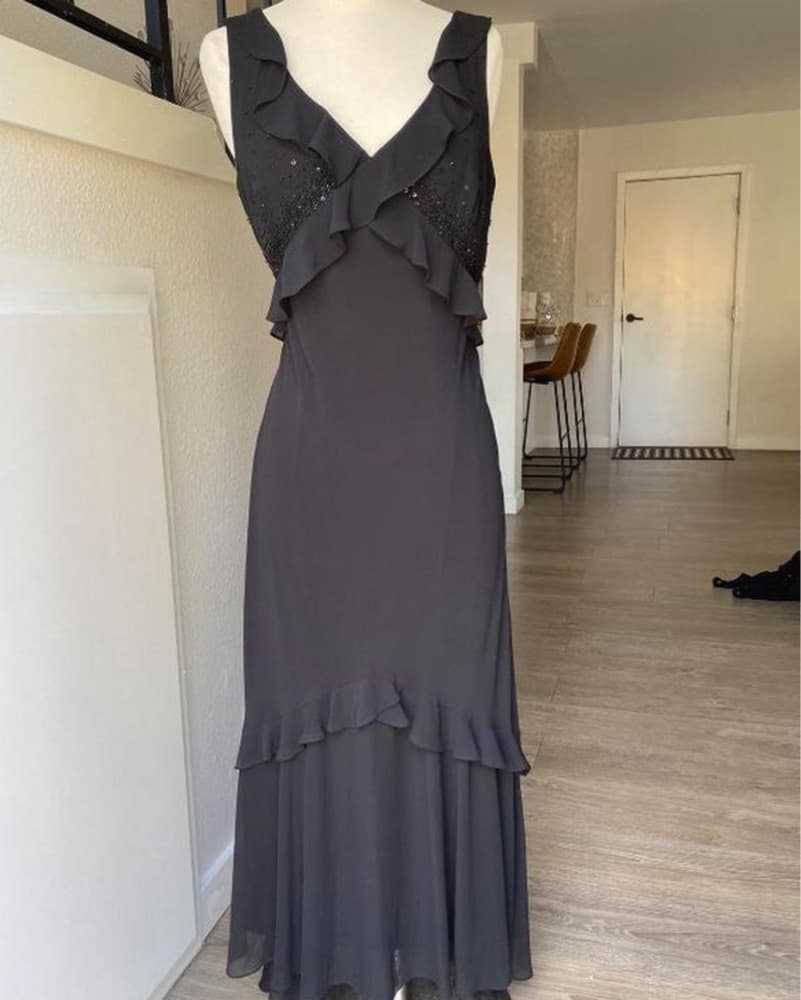 Elegant Ruffled Gown in Charcoal Gray - Image 1