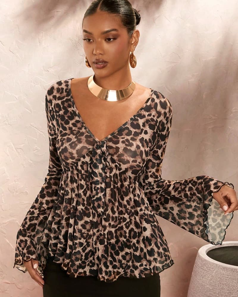 Leopard Print Tie-Front Peplum Top - Image 1