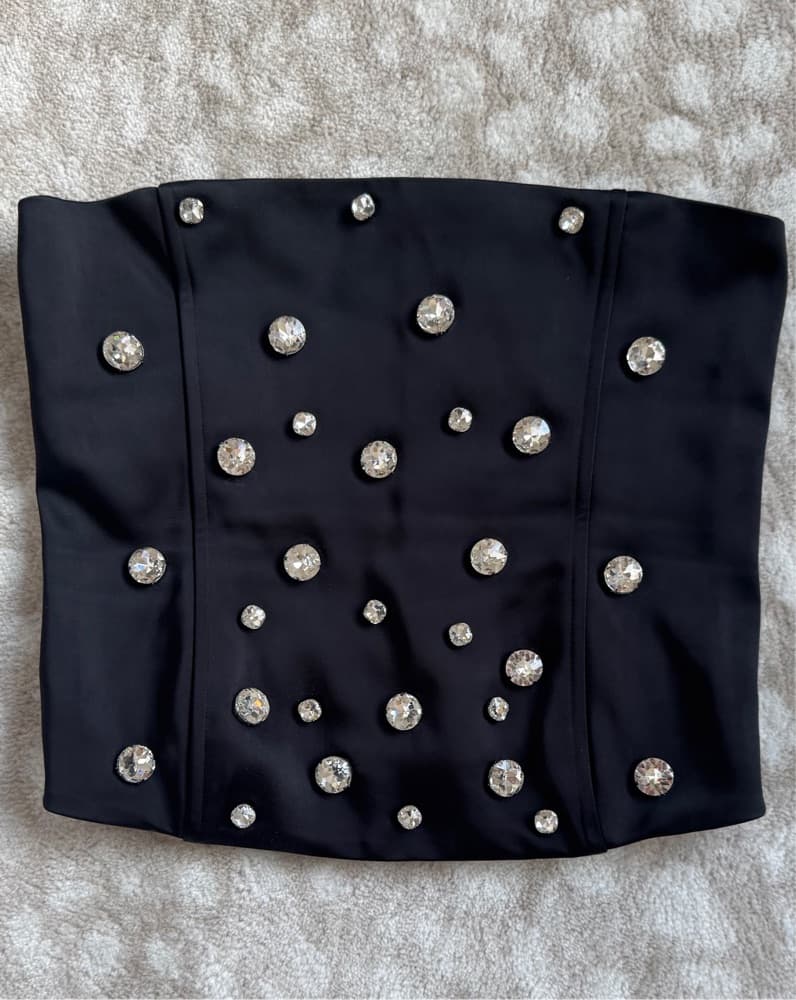 Black Satin Strapless Corset With Gems - Image 3