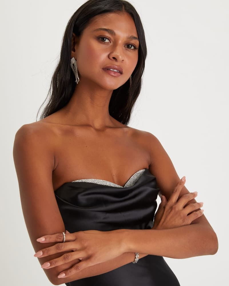 Black Satin Strapless Maxi Dress - Image 4