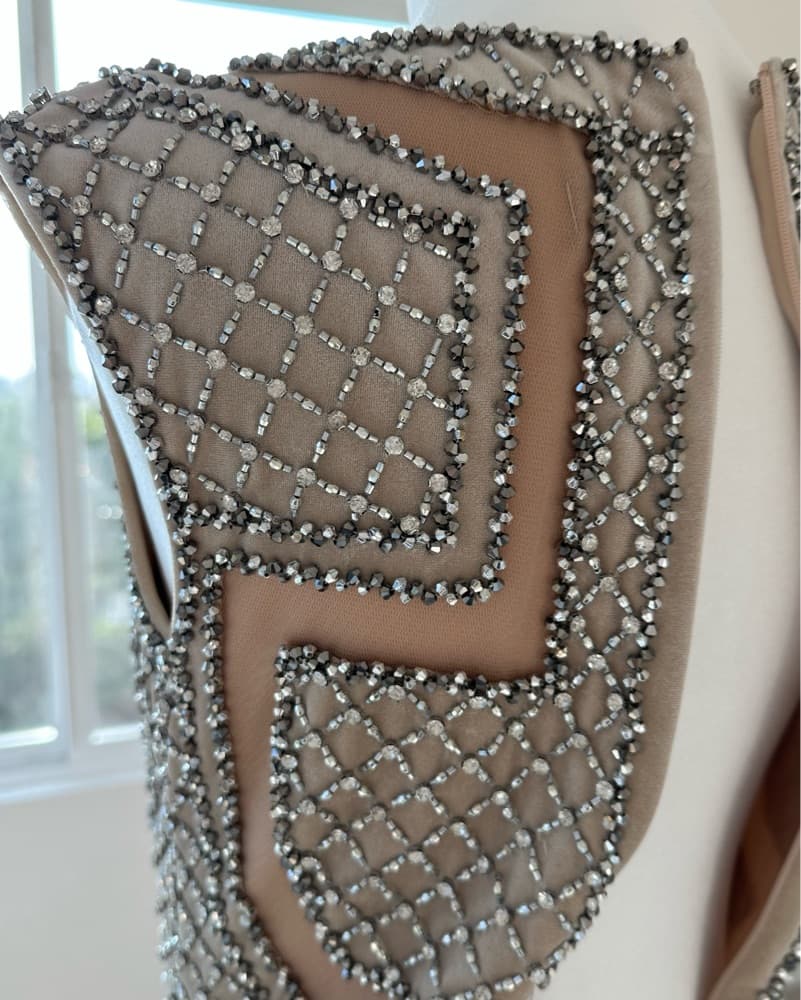 Beige Beaded Gown with Sheer Panels - Image 3