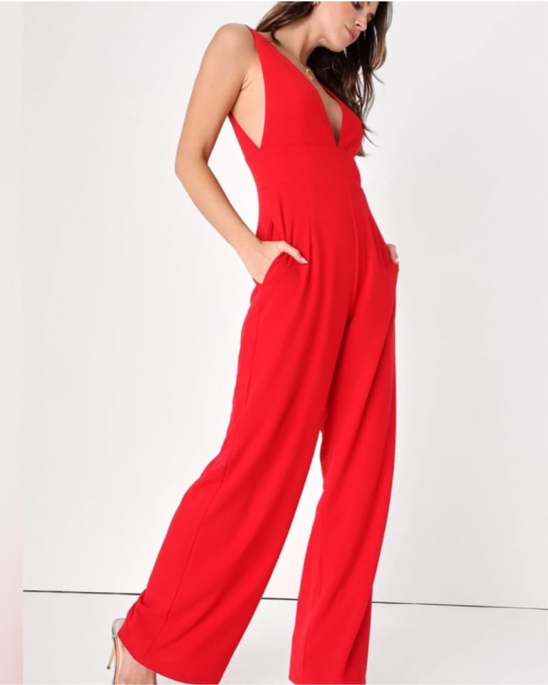 Lulu's Red Wide-Leg Jumpsuit with V-Neck - Image 4