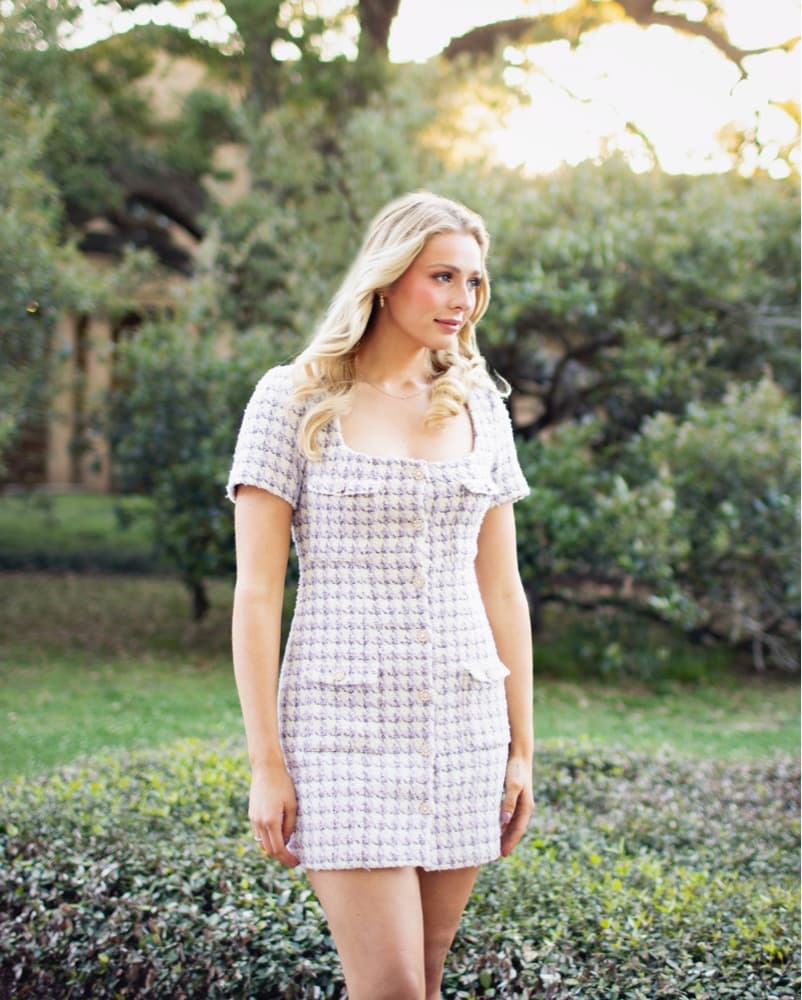 Purple and White Tweed Mini Dress - Image 3
