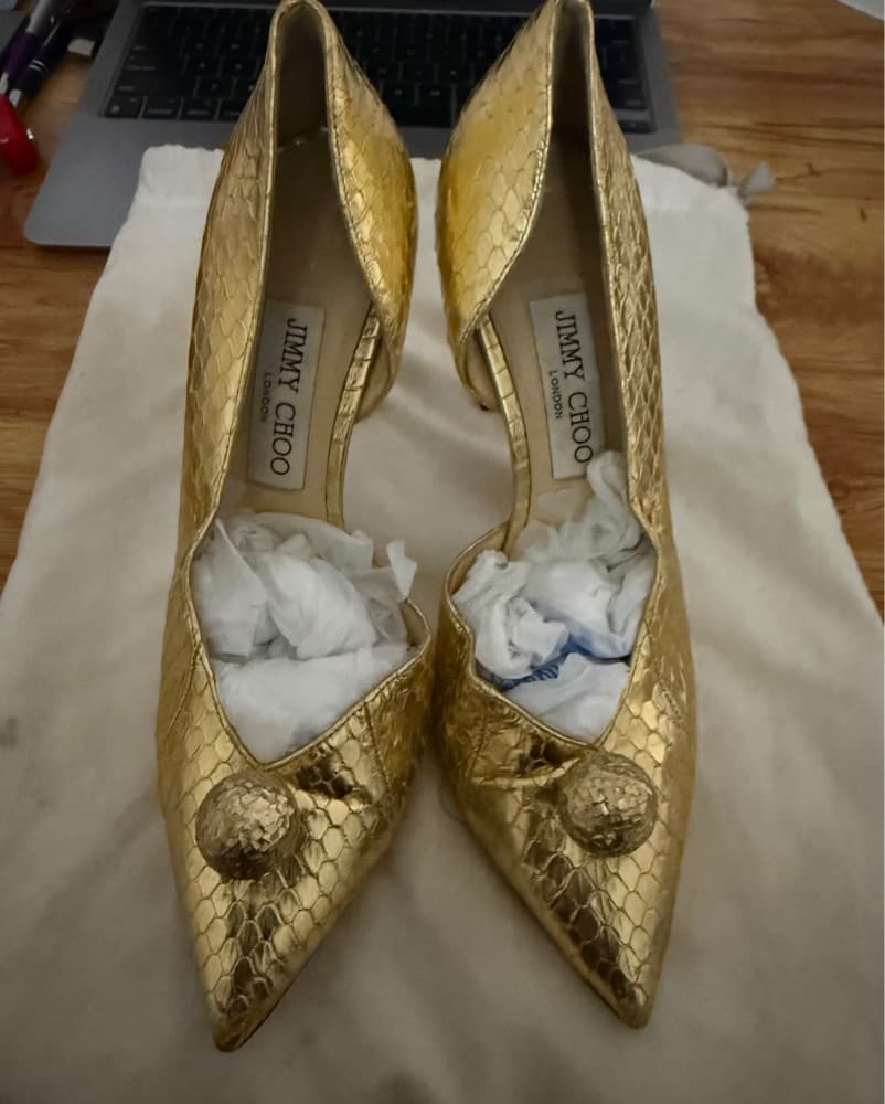 Glamorous Gold Snake Print Pumps - Image 1