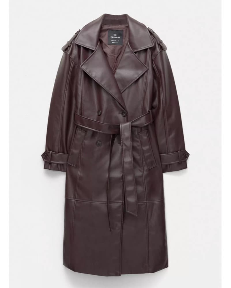 Brown Faux Leather Trench Coat - Image 1
