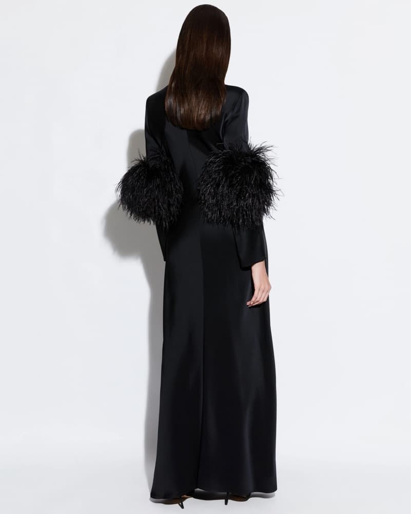 lapointe satin tab gown with feathers - Image 3