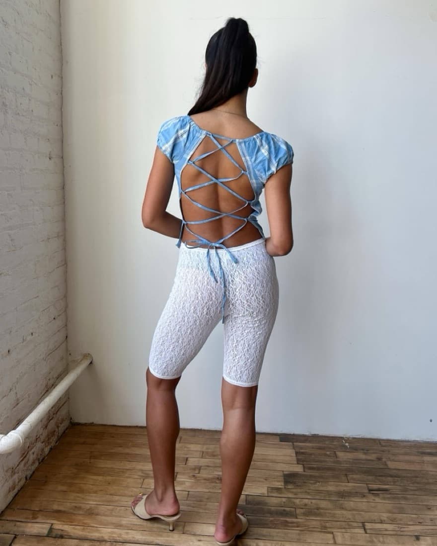 90’s Blue Plaid Open Back Lace Up Top - Image 3