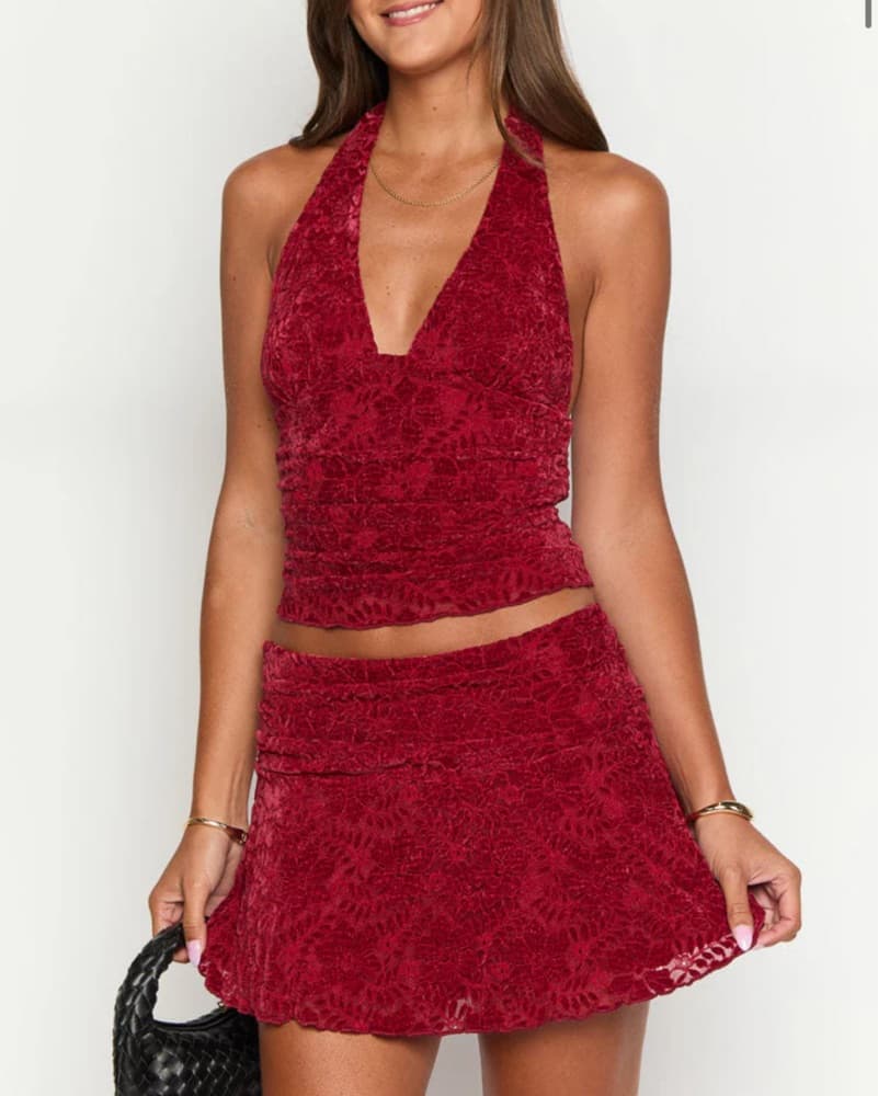 Red Lace Halter Skirt Set - Image 1