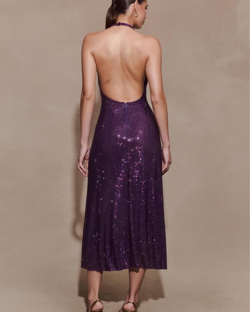 Meshki Sparkly Purple Halter Midi Dress - Image 2