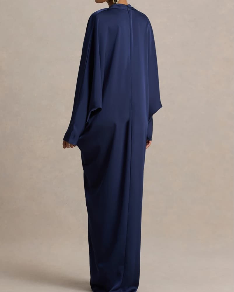 Timeless Elegance in Tina's Navy Satin Gown - Image 2