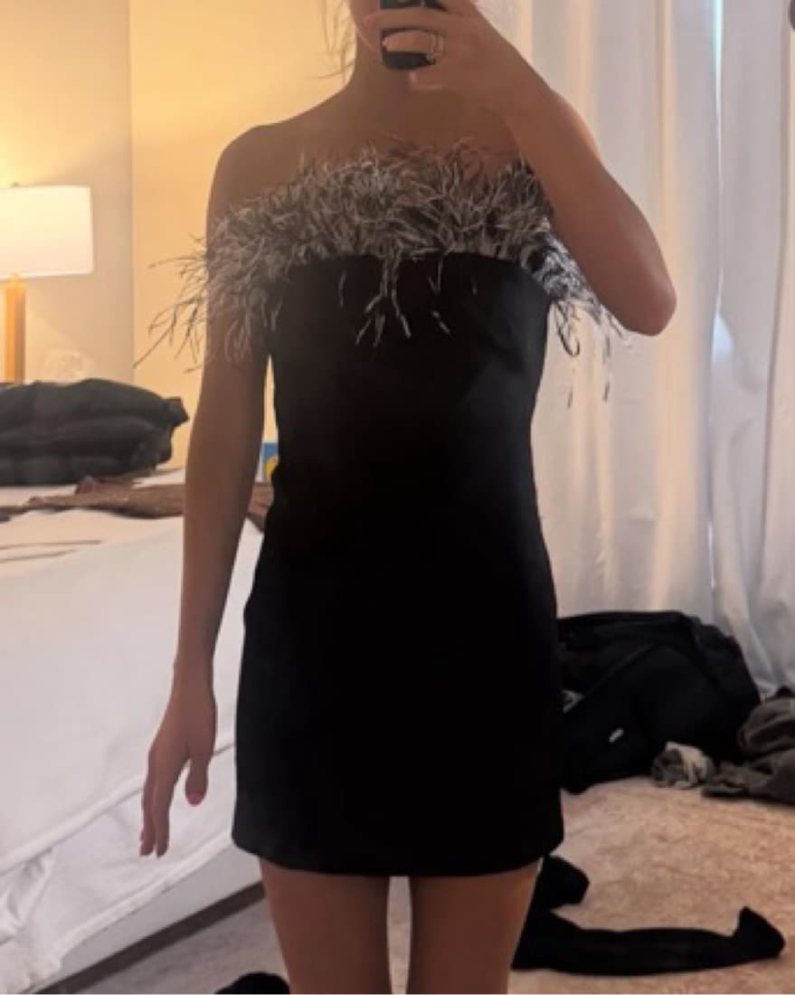 Feathered Strapless Black Mini Dress - Image 2