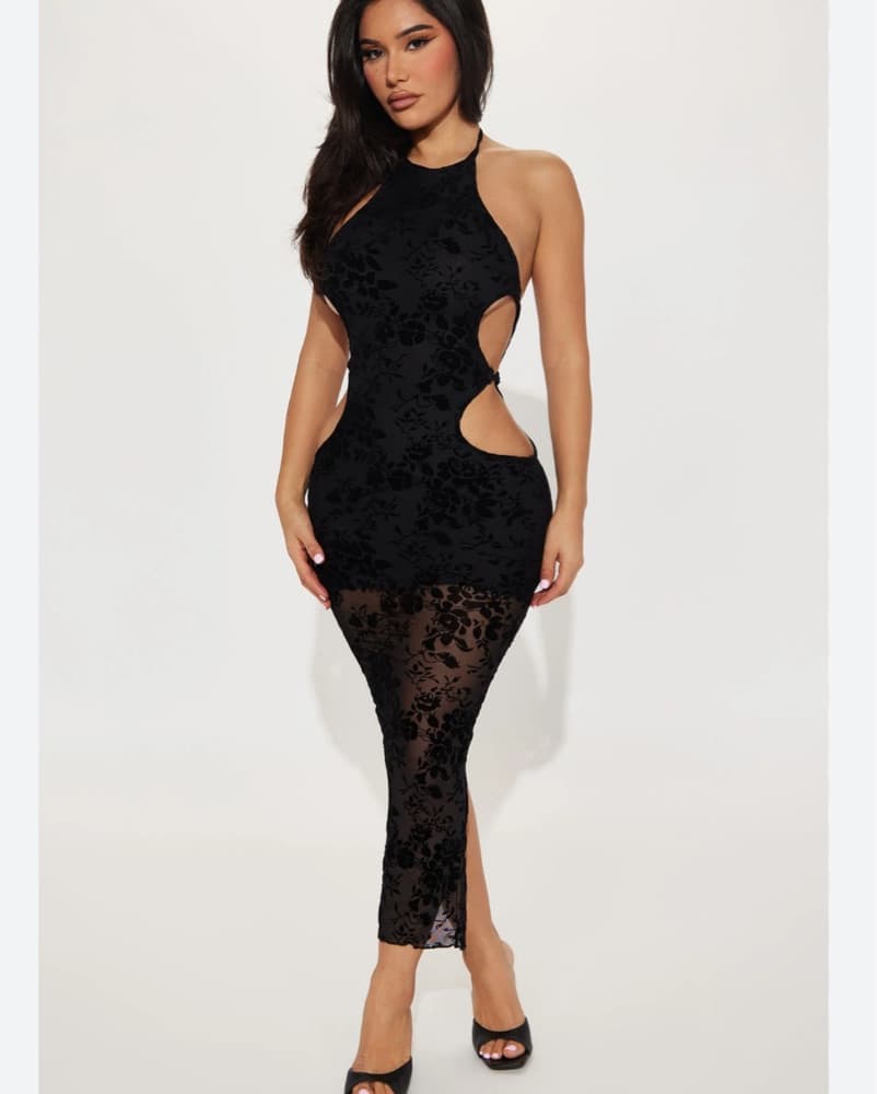 Black Lace Mesh Cutout Midi Dress - Image 1