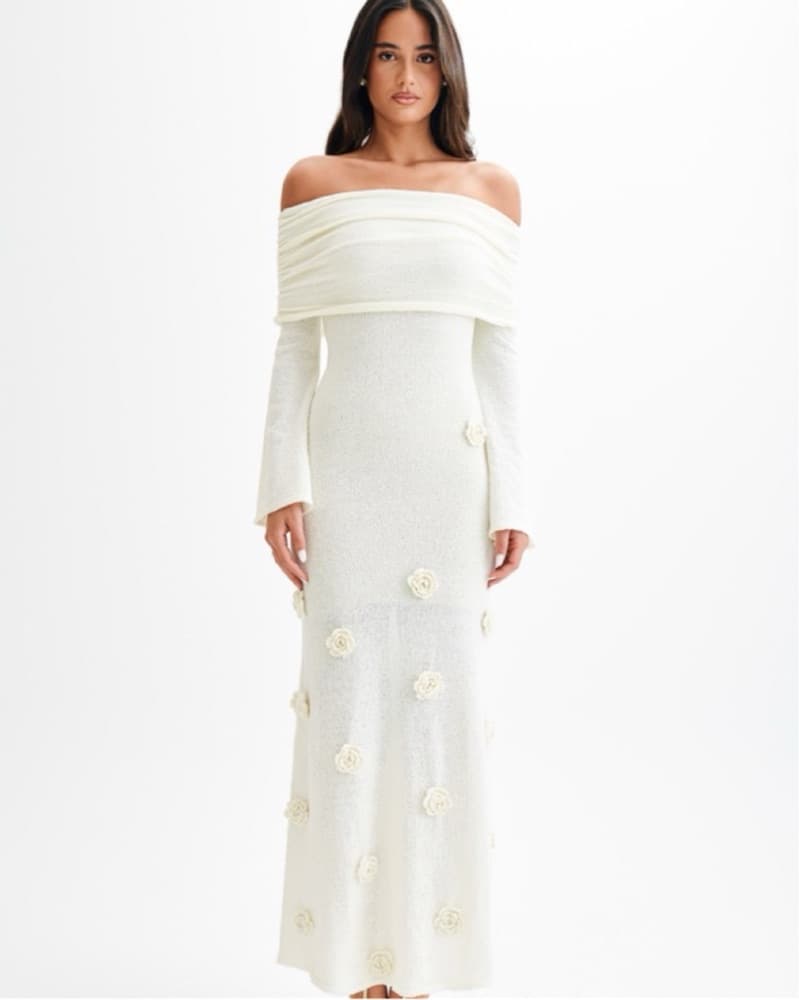 Kiki Off Shoulder Knit Rose Maxi Ivory - Image 1