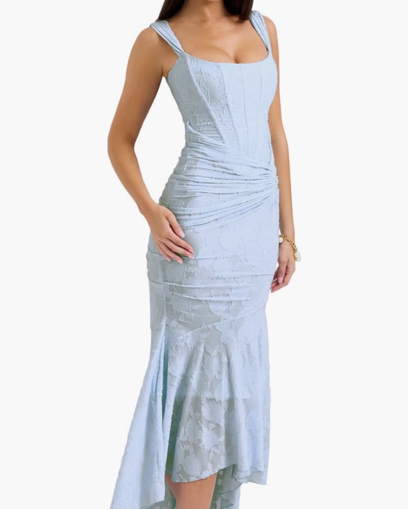 Elegant Ruched Gray Lace Mermaid Gown - Image 1
