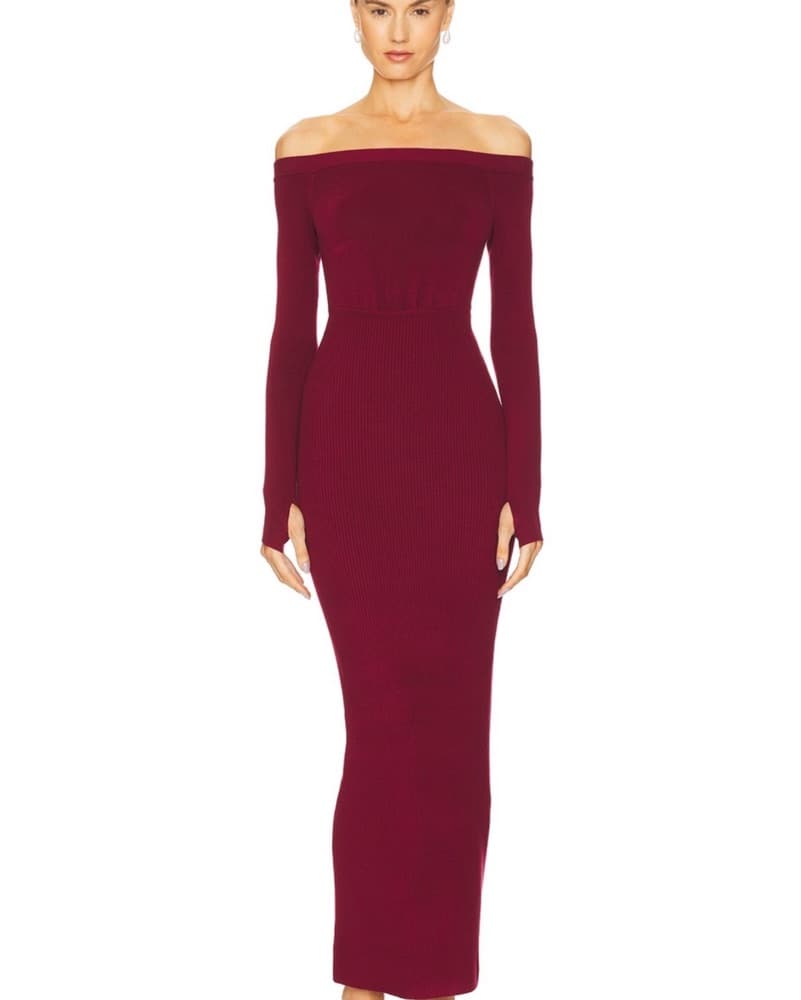 Red Sweater Dress Off The Shoulder Revol - Image 1