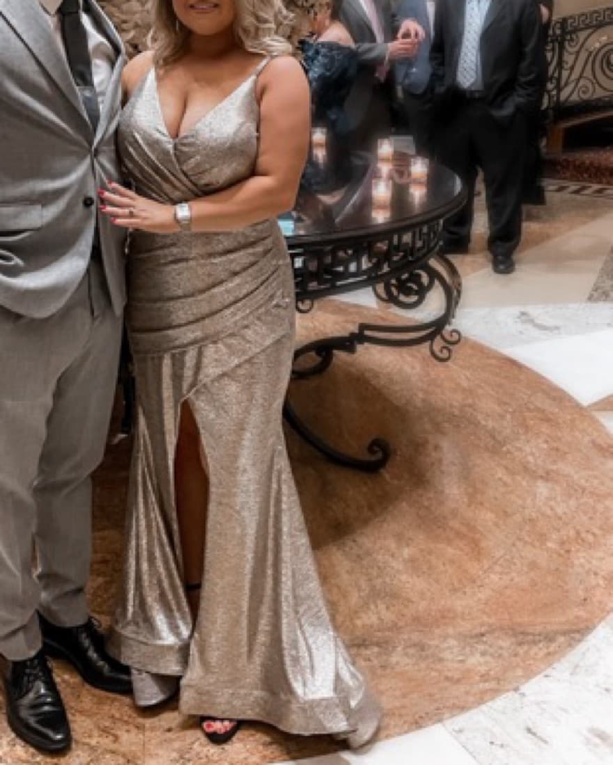 Glamorous Metallic Gown with Thigh-High Slit - Image 2