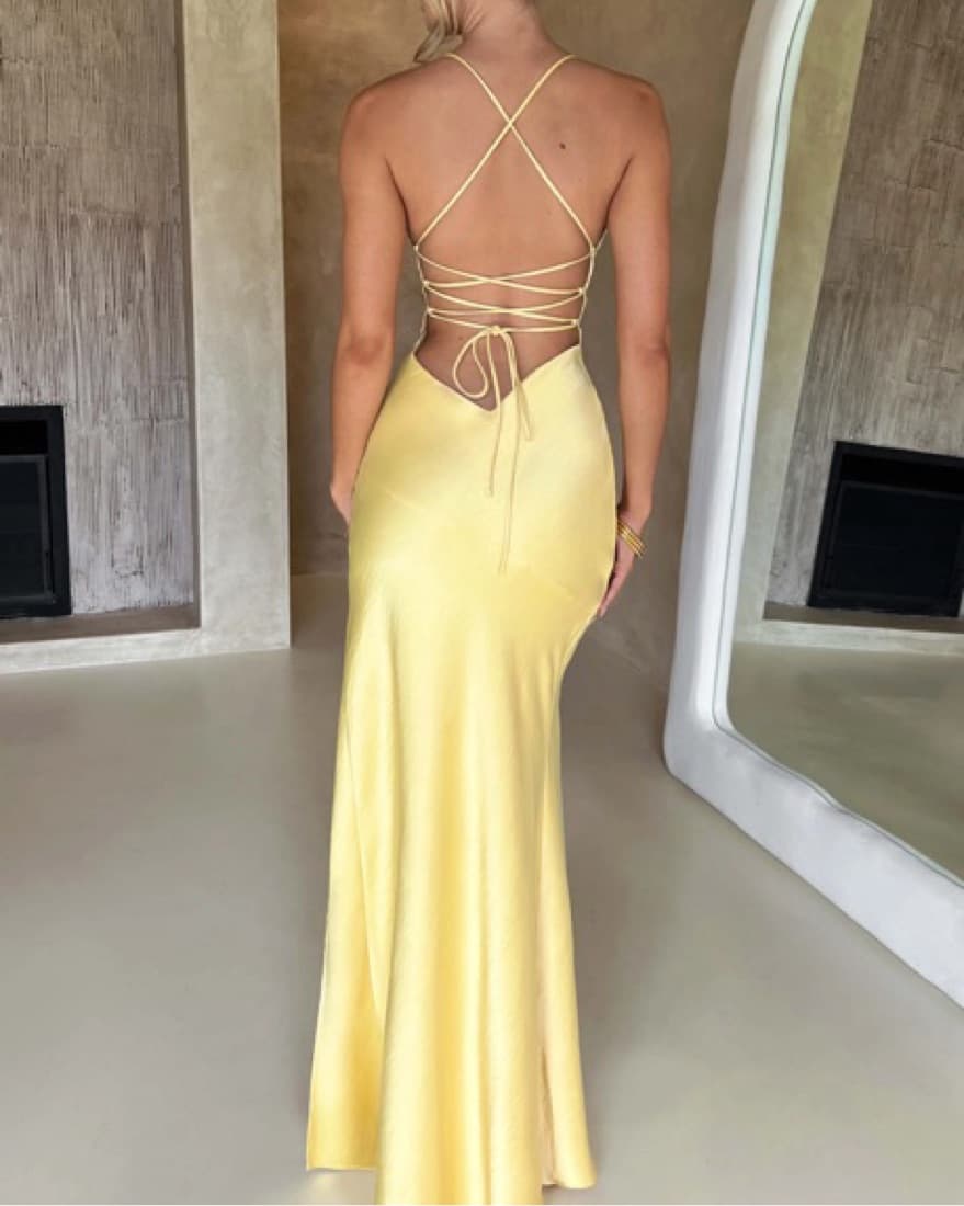Yellow Satin Wedding Guest Dress - Image 3