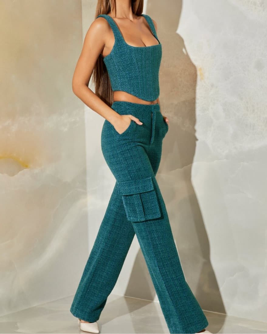 Oh Polly Teal Tweed Corest & Pants Set - Image 1
