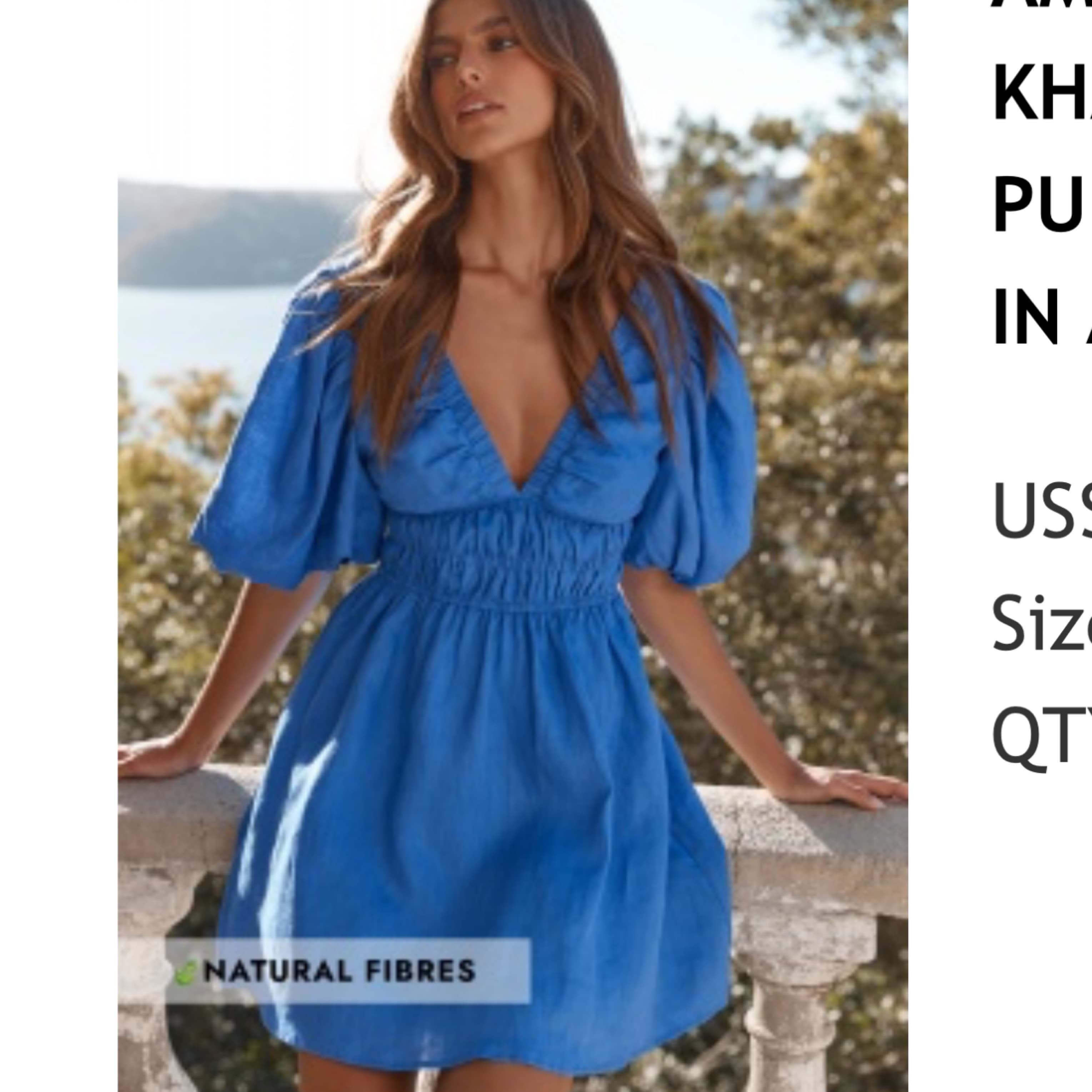 Linen Plunge Puff Sleeve Mini Dress  - Image 1