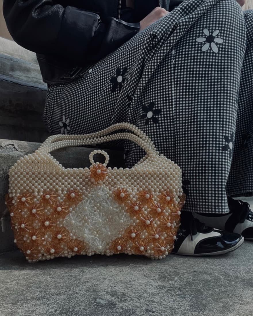 Vintage Orange Beaded Floral Purse - Image 4