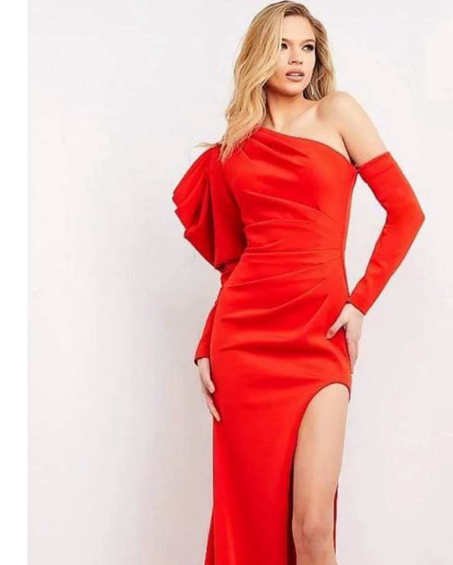 Jovani Formal Red Gown high Slit Train - Image 1