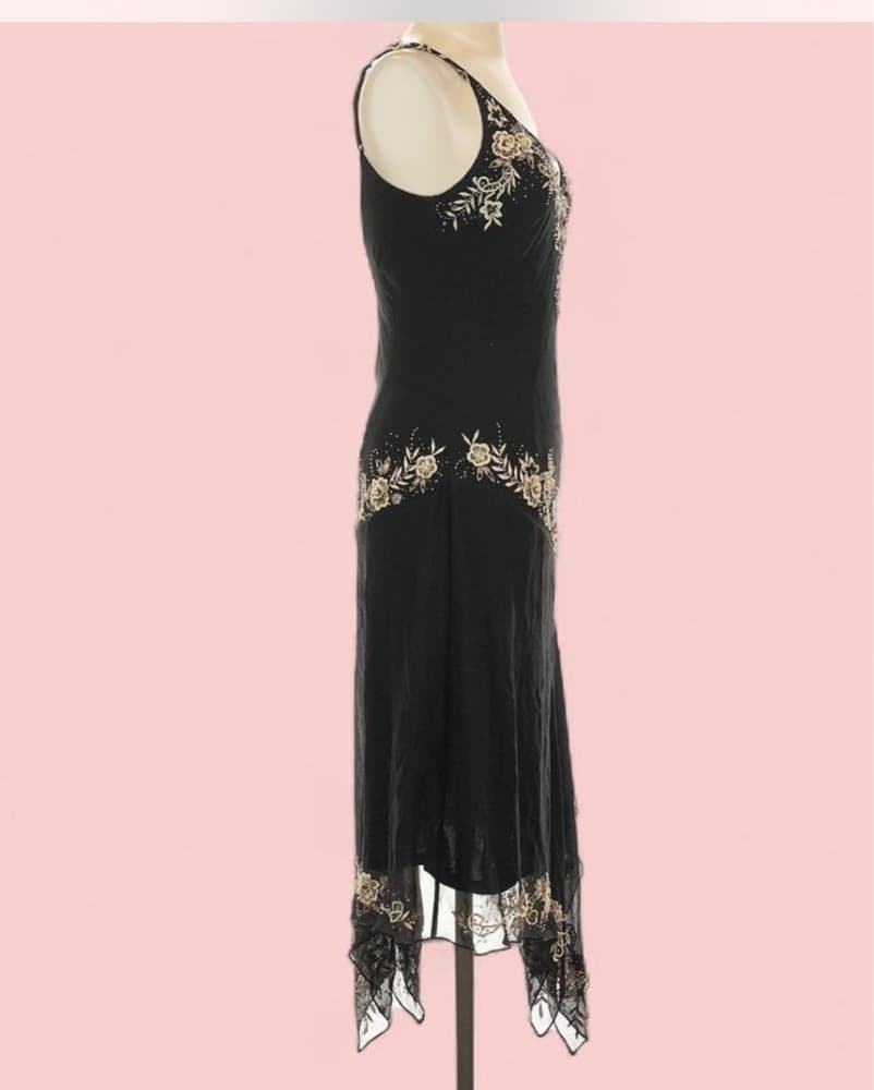 Vintage Black Floral Applique Bead Dress - Image 3