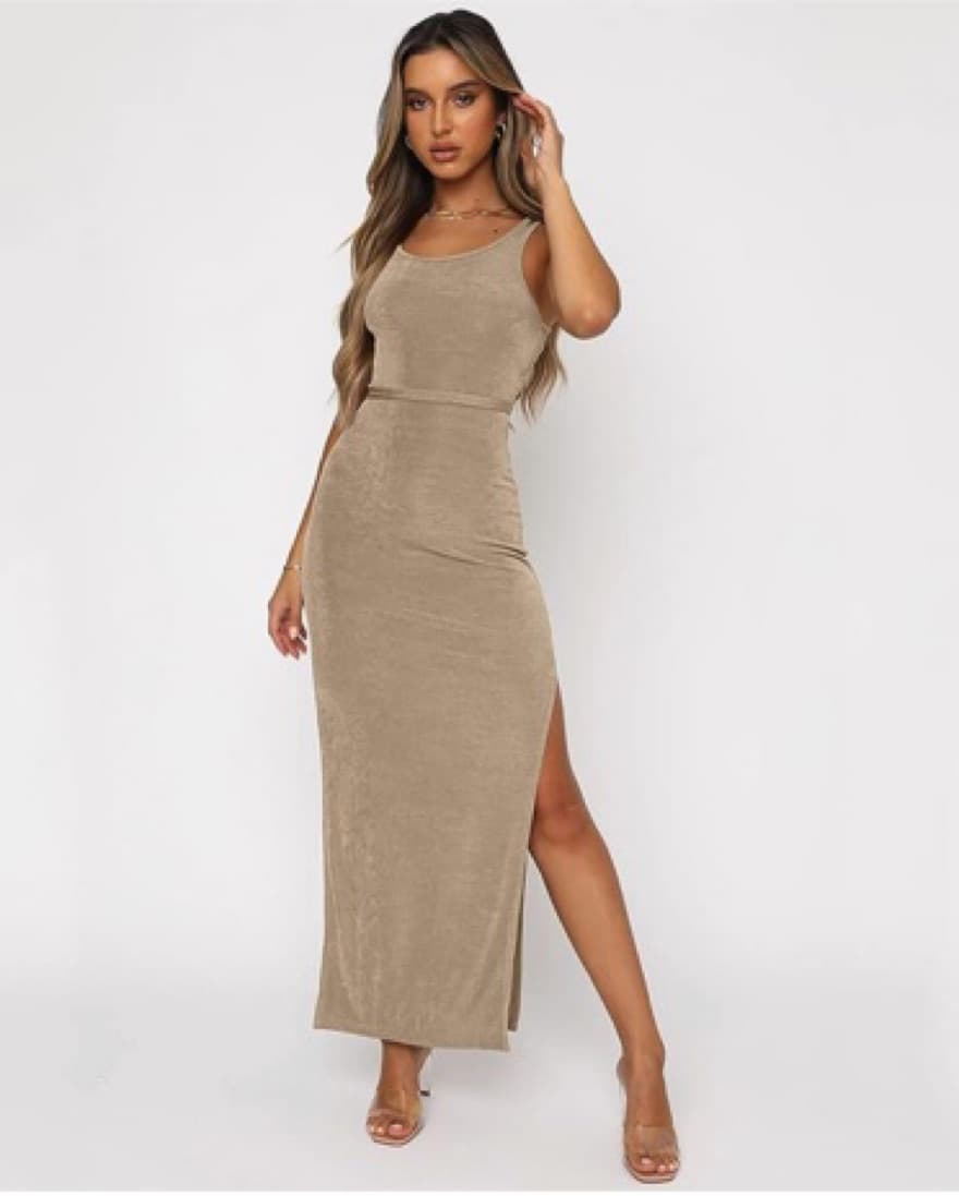 Sexy Sleeveless Tan Maxi Dress - Image 1