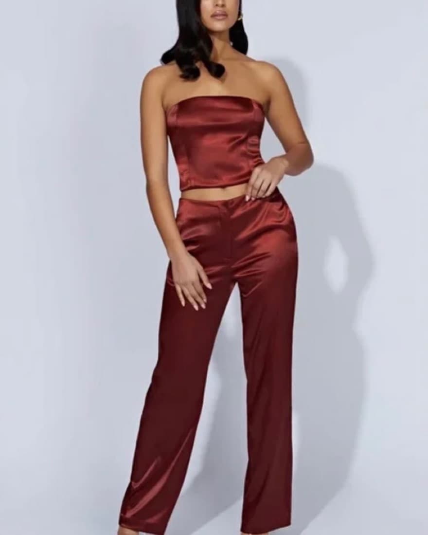 Meshki Red Satin Matching Pants Set  - Image 1