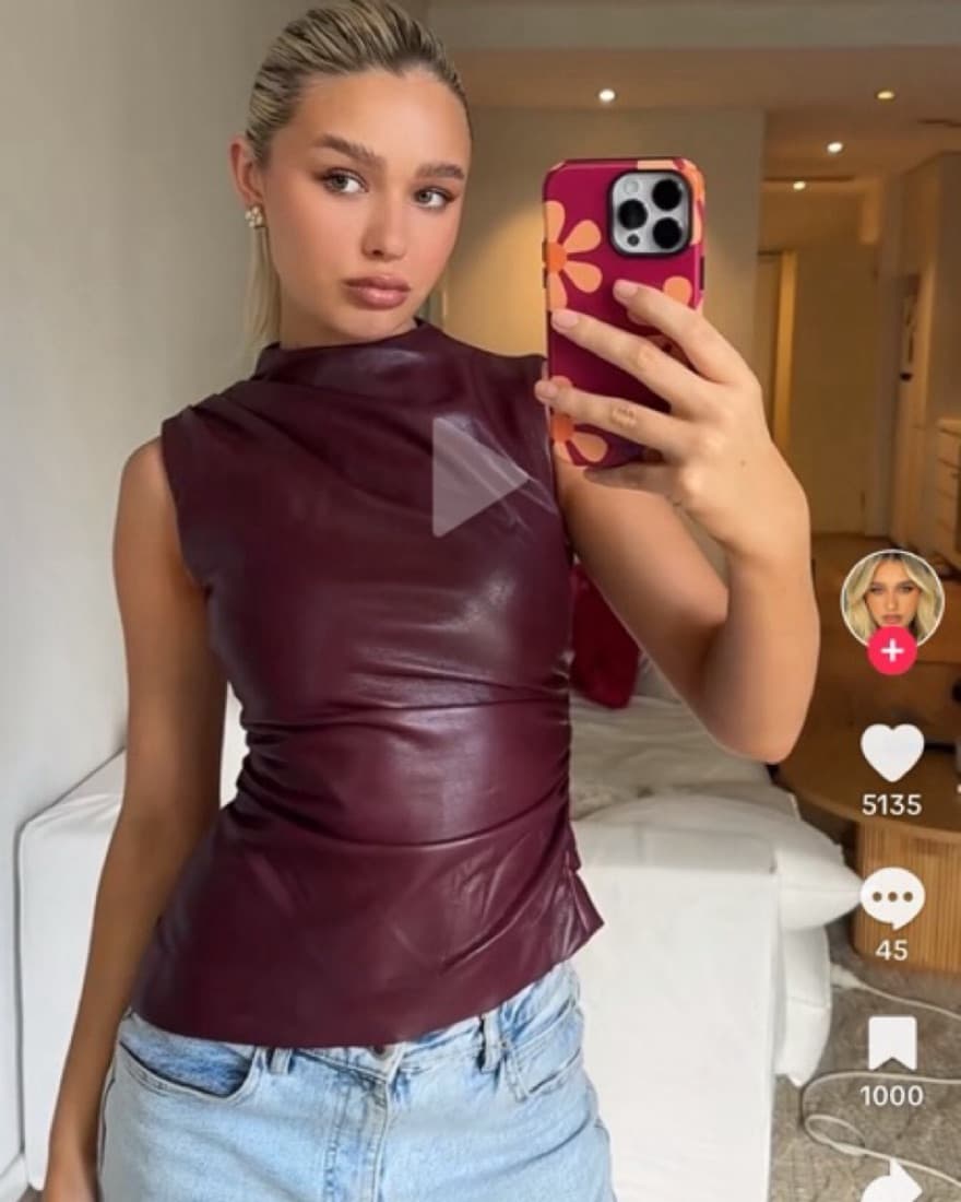 Asymmetric Faux Leather Gathered Top - Image 1
