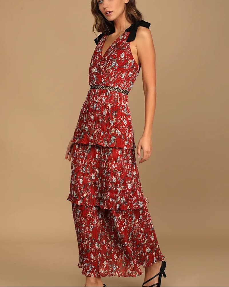 Lulus Red Floral Pleated Maxi Dress - Image 2
