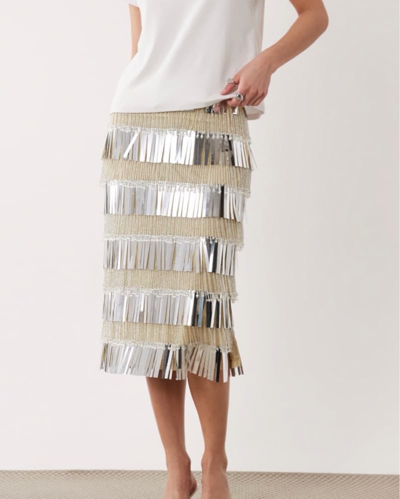 fringe embellished midi skirt in silver - Image 3