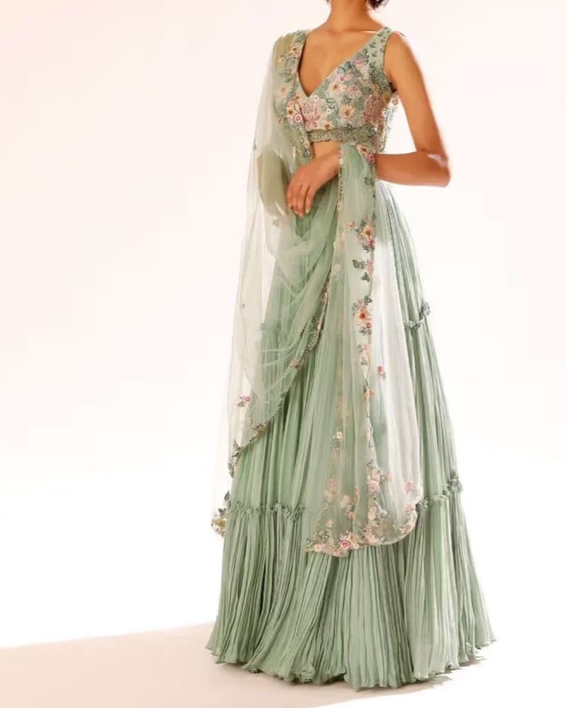 Kalki Sage Green Pleated Floral Lehenga - Image 1