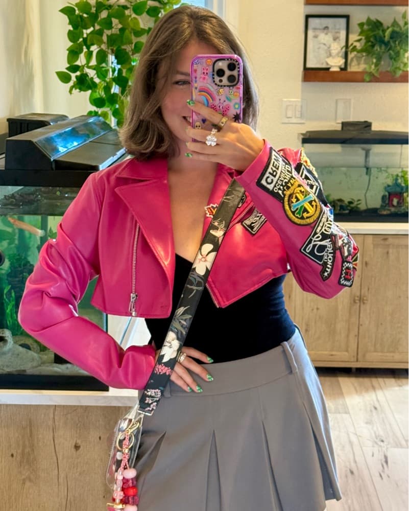 Hot Pink Cropped Leather Jacket - Image 1