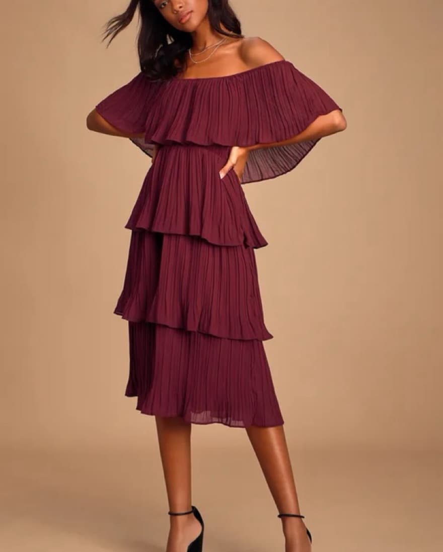 Burgundy Off The Shoulder Dress - Image 1