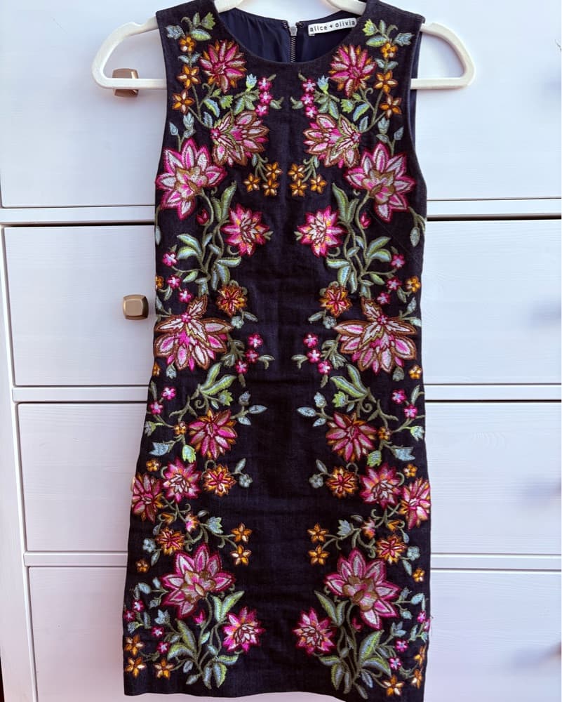 Alice + Olivia Denim Floral Mini Dress - Image 1