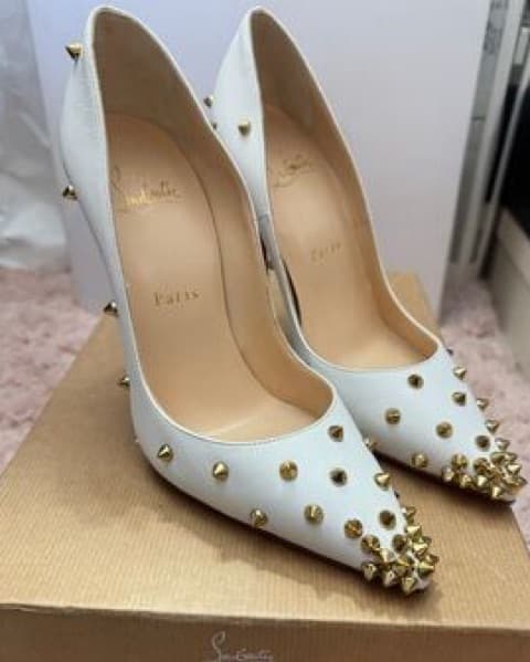 Louboutin White Pumps + Gold Studs Sz 8 - Image 3